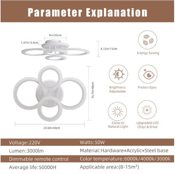 Modern White 4 Rings LED Ceiling Light 50W with Remote Control - Image 5