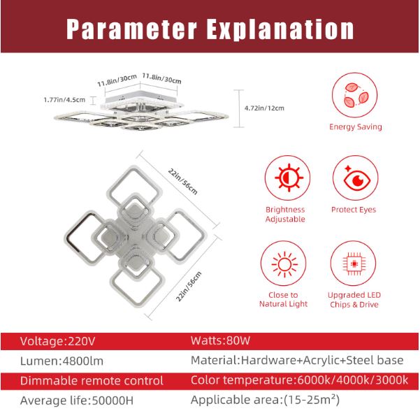 Modern Chrome 8 Square 80W CCT Chandelier with Remote Control - Image 4