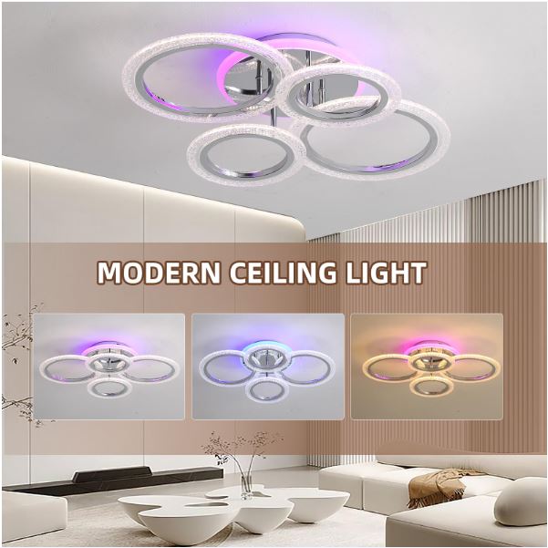 Modern Chrome 4 Rings LED Ceiling Light 50W with Remote Control - Image 3