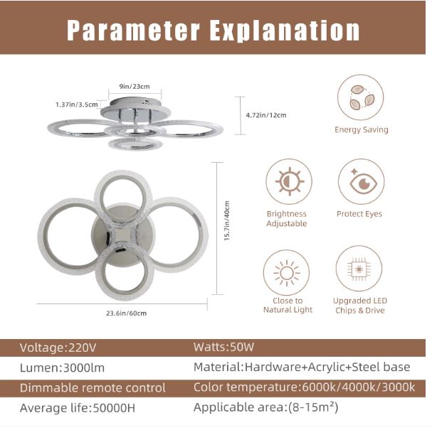 Modern Chrome 4 Rings LED Ceiling Light 50W with Remote Control - Image 4