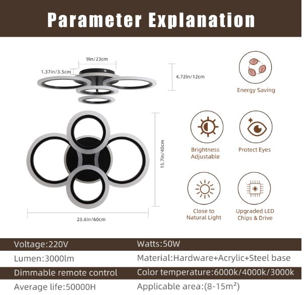 Modern Black 4 Rings LED Ceiling Light 50W with Remote Control - Image 4