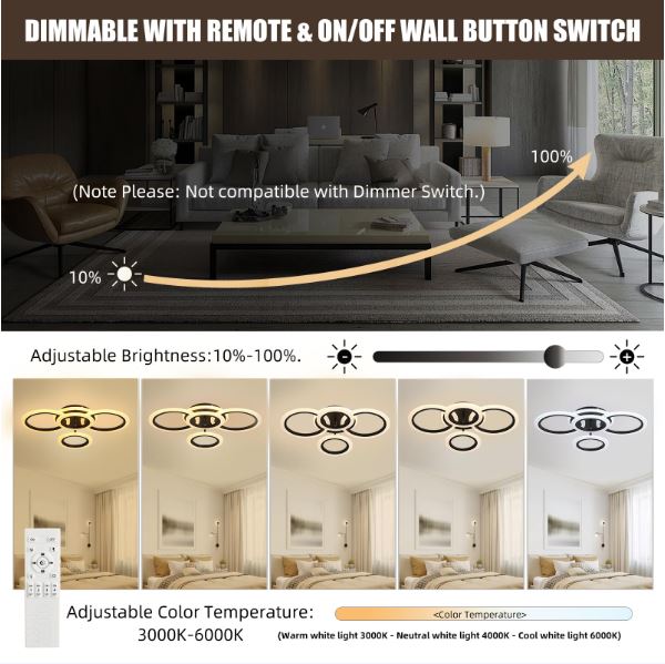 Modern Black 4 Rings LED Ceiling Light 50W with Remote Control - Image 5