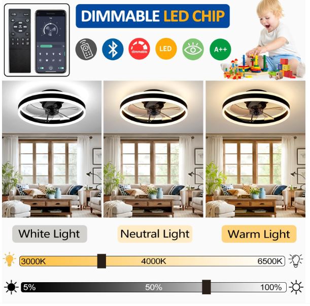 LED Ceiling Fan with Light Remote Control 6 Speeds Reversible - Brown 50CM - Image 3